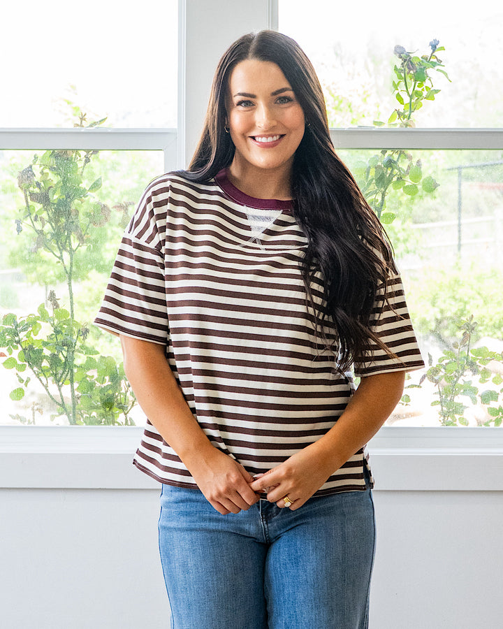Hazel Contrast Striped Top - Dark Brown & Burgundy Mine