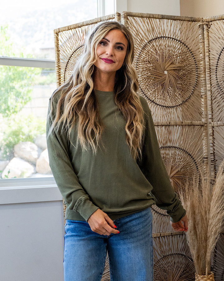 Mia Ribbed Crewneck Top - Olive Michelle Mae