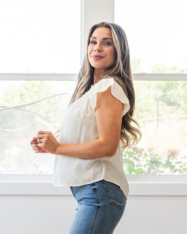 NEW! Raya Ruffled Henley Blouse - Ivory Mine