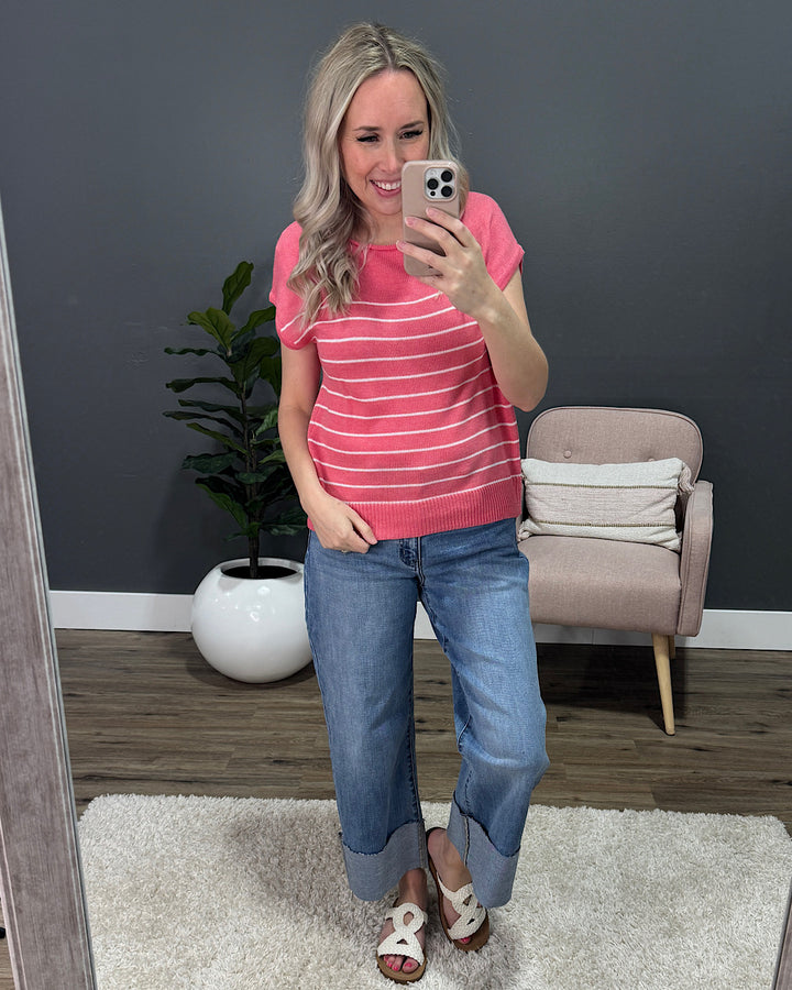 Destiny Striped Short Sleeve Sweater - Coral SALE Staccato