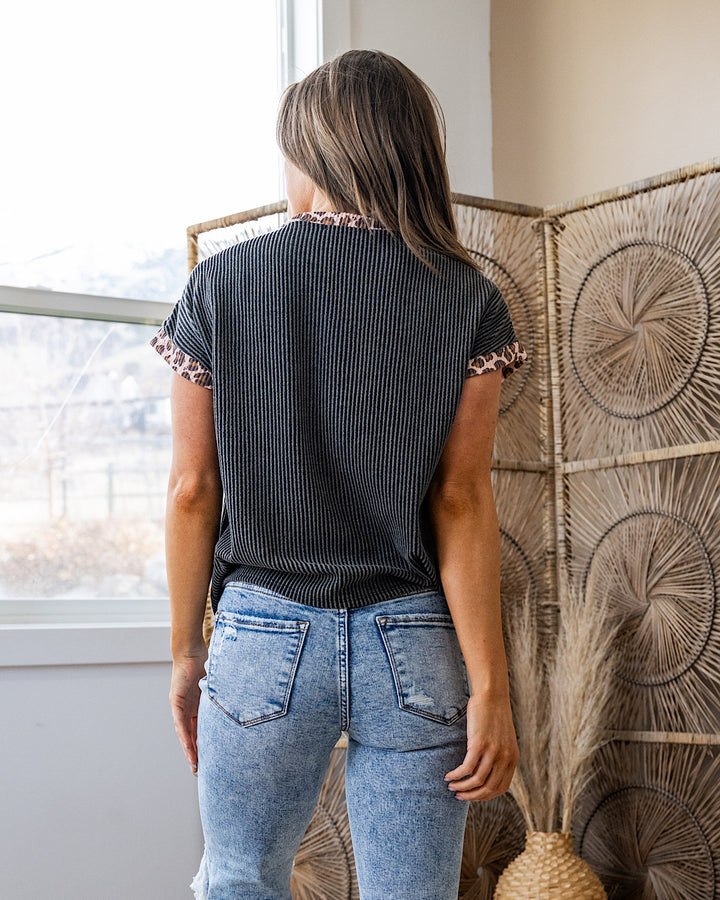 Amber Corded Top with Leopard Detail - Charcoal Lovely Melody