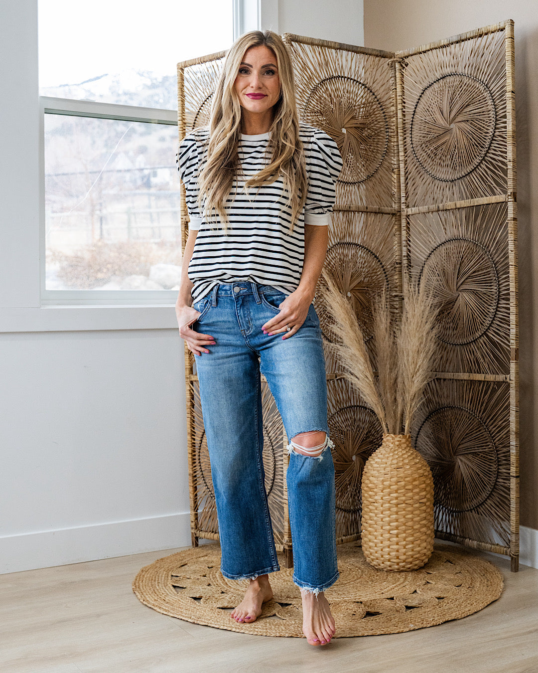 Hillary Striped Puff Sleeve Top - Black SALE Lovely Melody