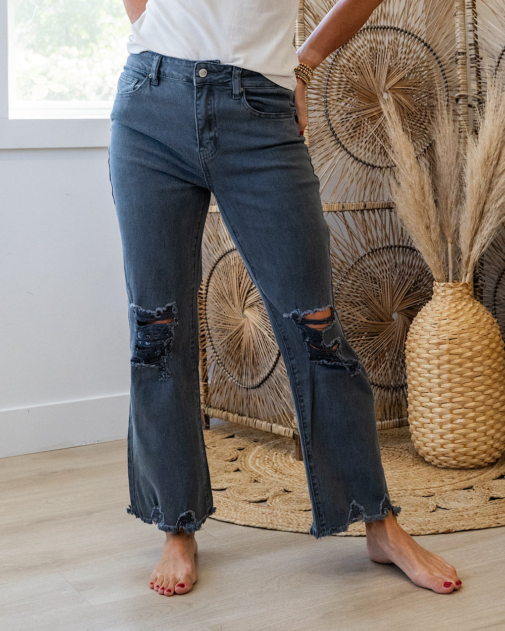 Gia Wide Leg Distressed Cropped Jeans - Ash Black Zenana