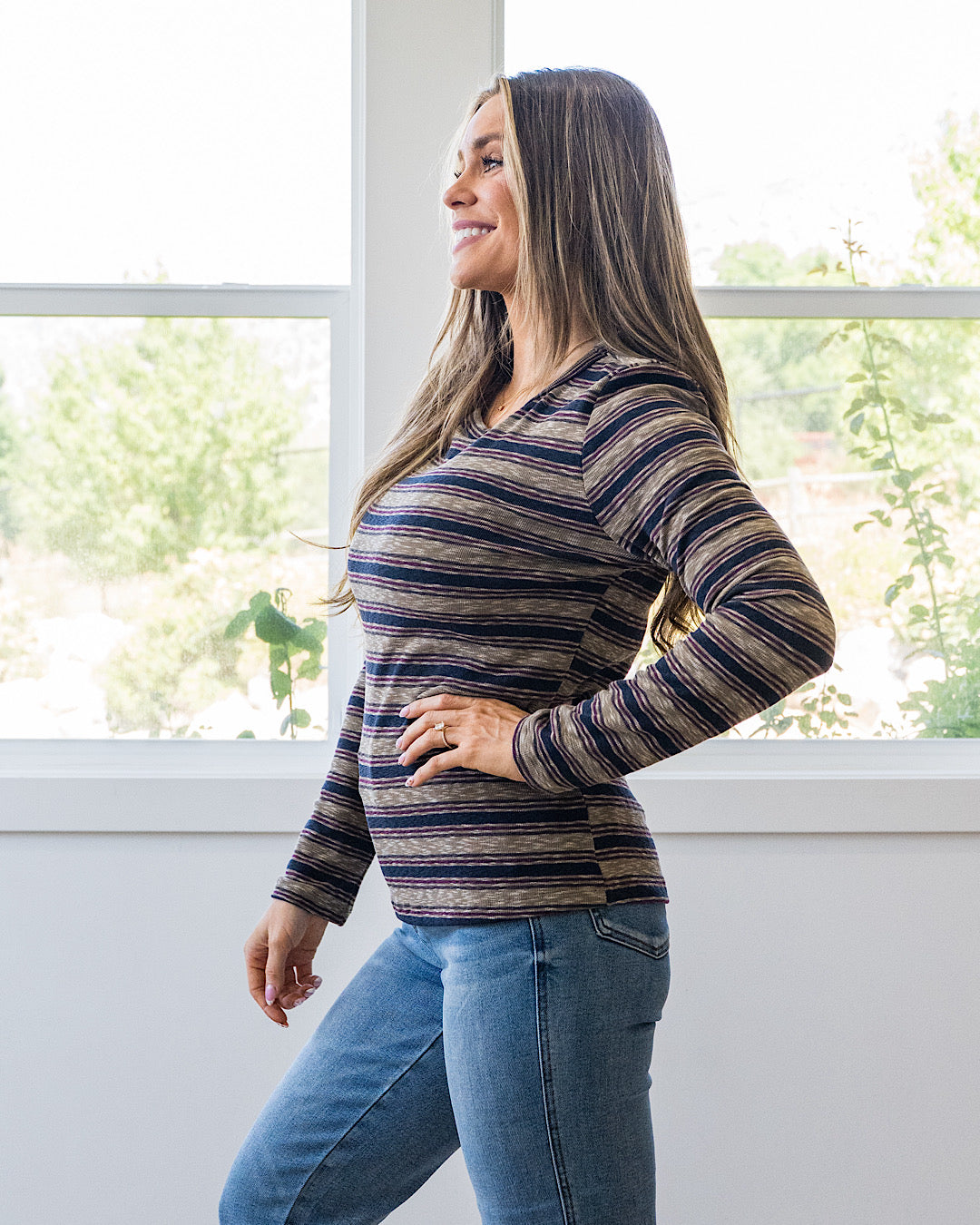 NEW! Alexa Multi Striped Top - Olive, Navy & Burgundy Staccato
