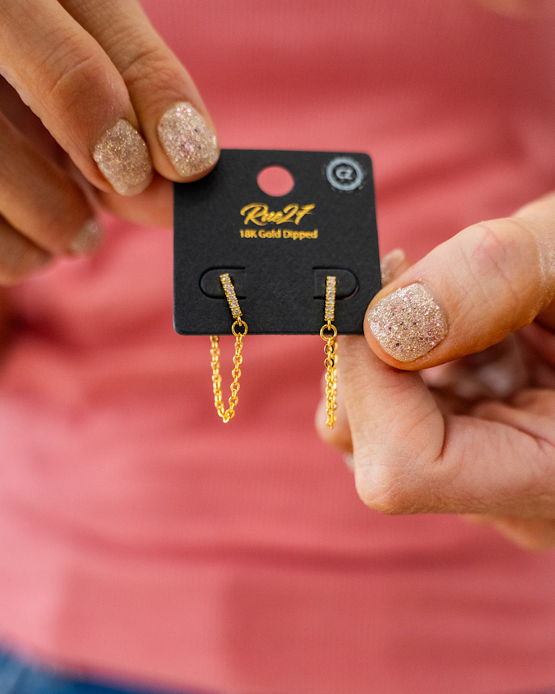 Gold Dipped Bar Chain Earring with Rhinestones Trendy Wholesale