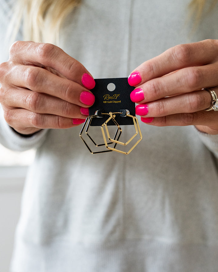 Gold Double Hexagon Earrings Trendy Wholesale