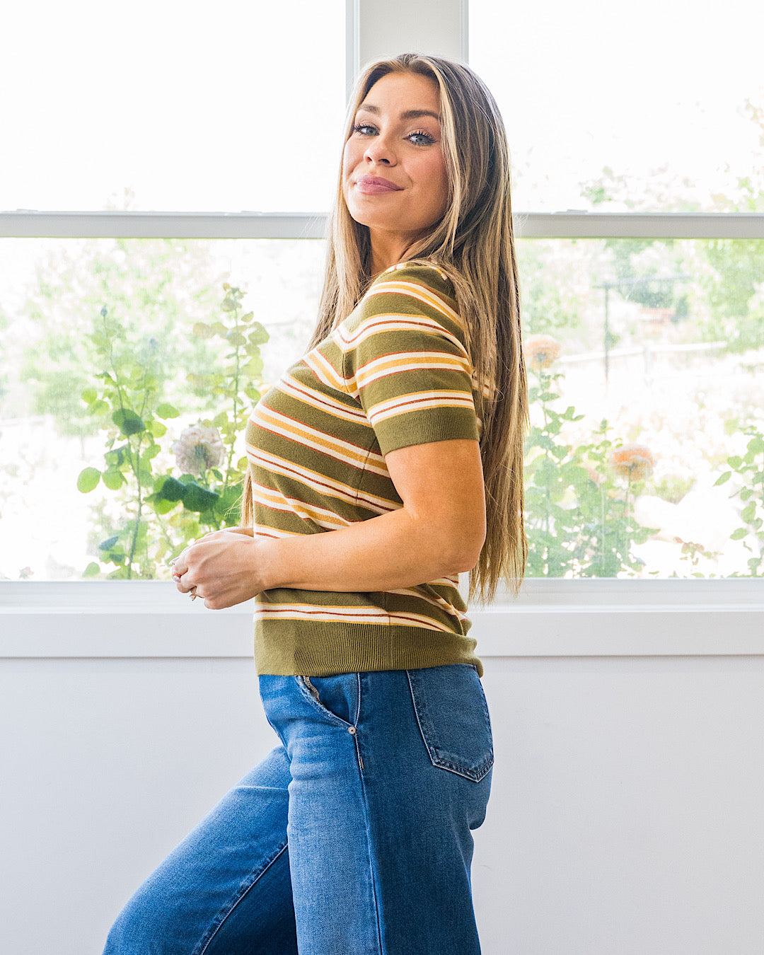 Iris Striped Short Sleeve Sweater - Olive Be Cool