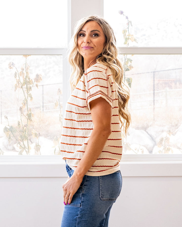 Carmen Textured Striped Top - Rust Lovely Melody