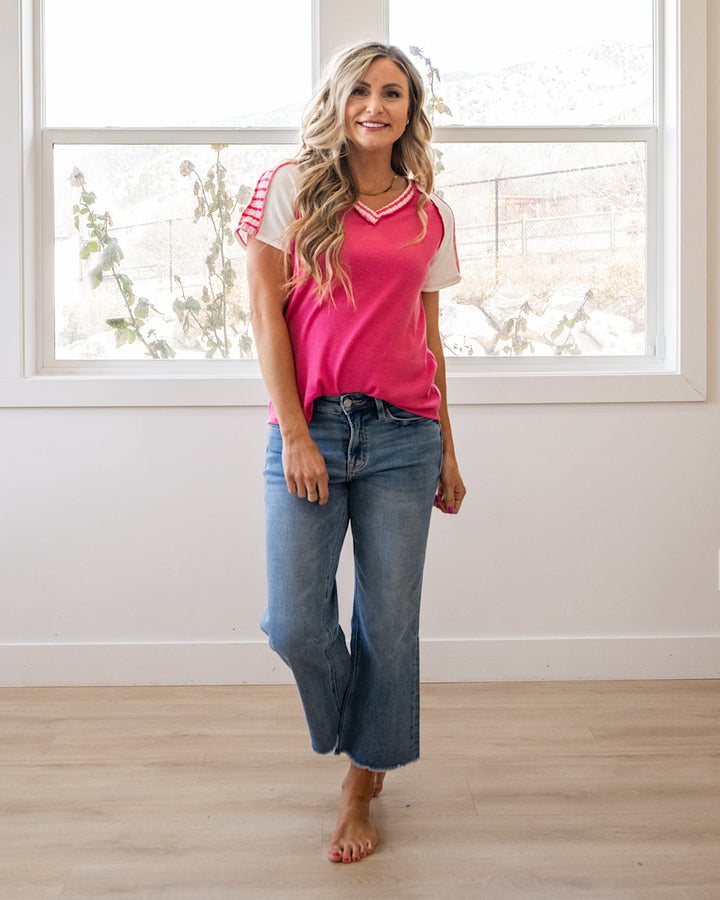Colette V Neck Contrast Top - Fuchsia Lovely Melody