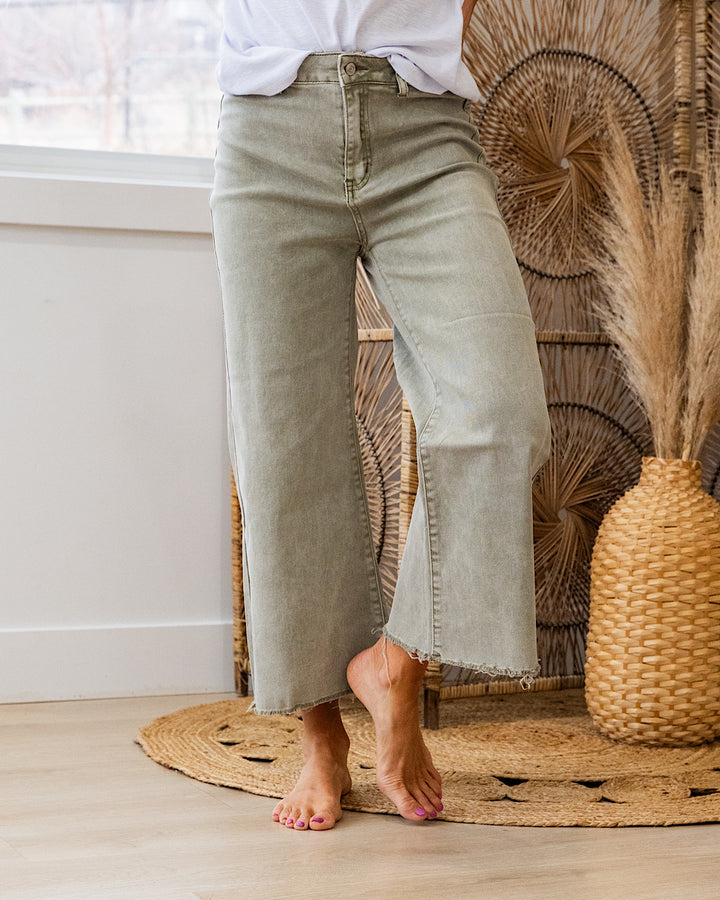 Mae Wide Leg Cropped Jeans - Light Olive Zenana