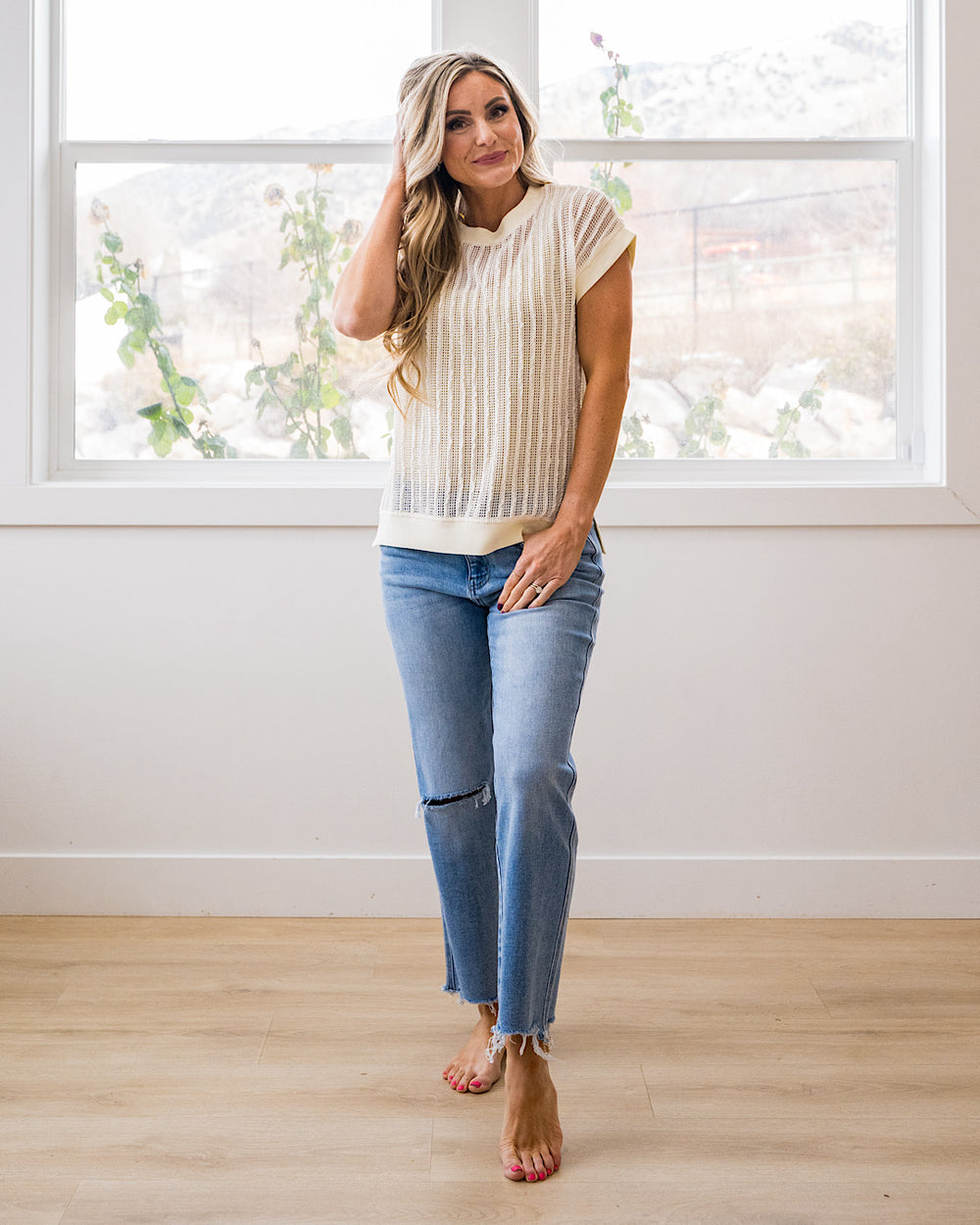 Liesel Textured Open Knit Top - Ivory Staccato