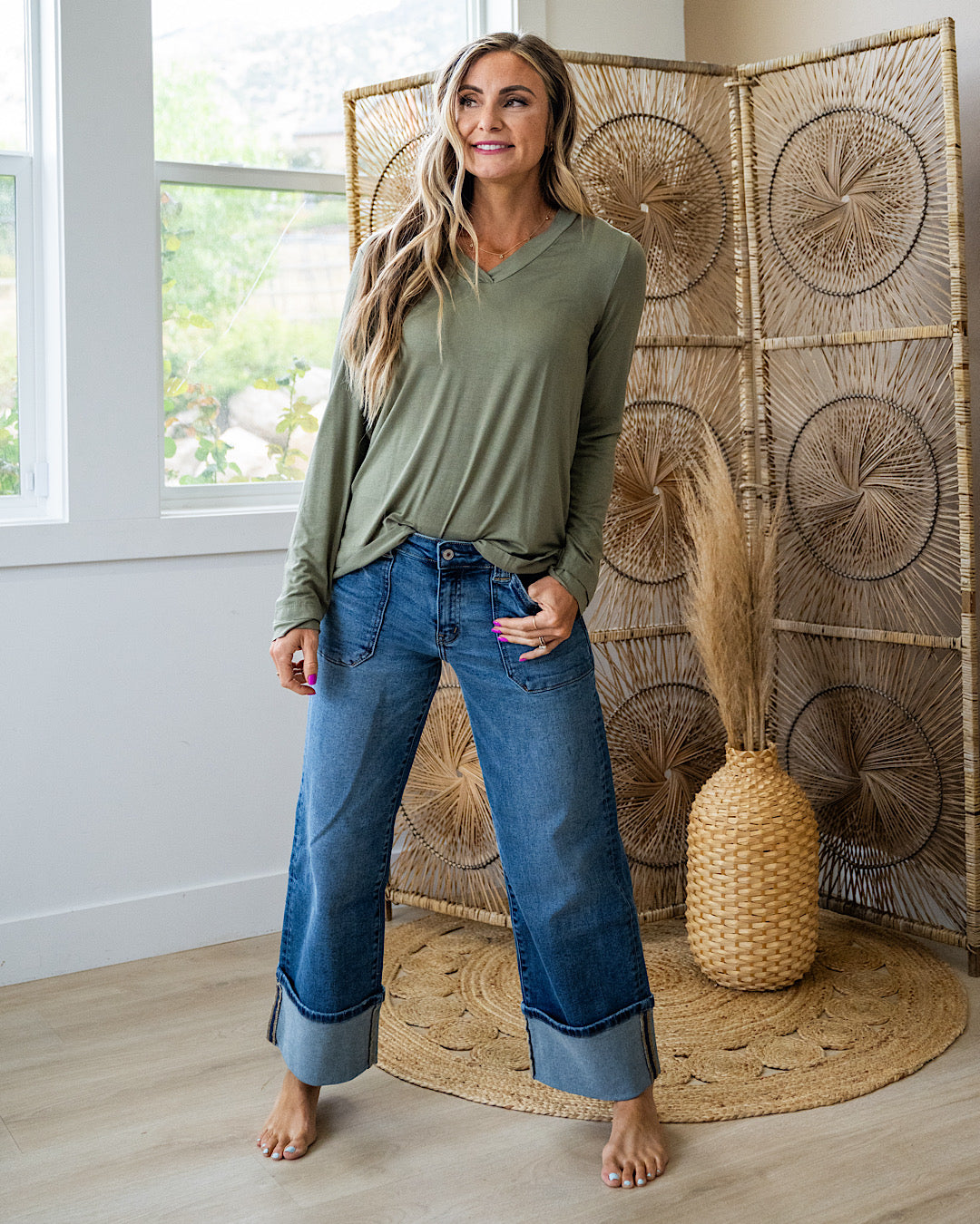 Bethany Cut Edge V Neck Top - Olive SALE Sew In Love