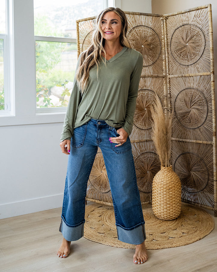 Bethany Cut Edge V Neck Top - Olive SALE Sew In Love