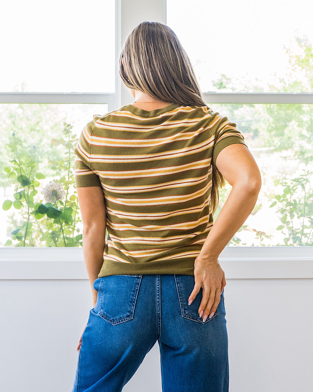 Iris Striped Short Sleeve Sweater - Olive Be Cool