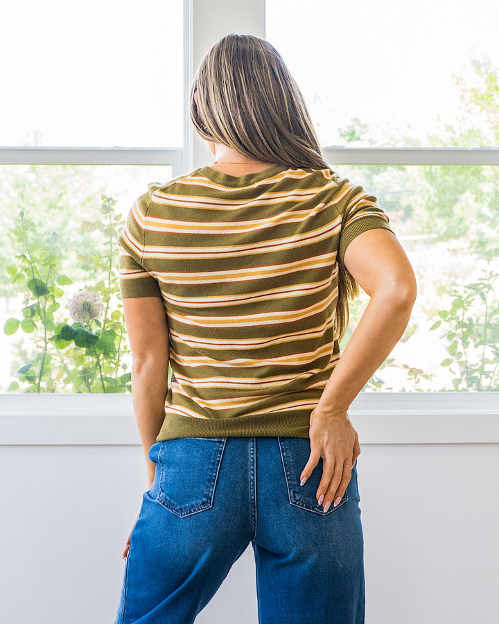 Iris Striped Short Sleeve Sweater - Olive Be Cool
