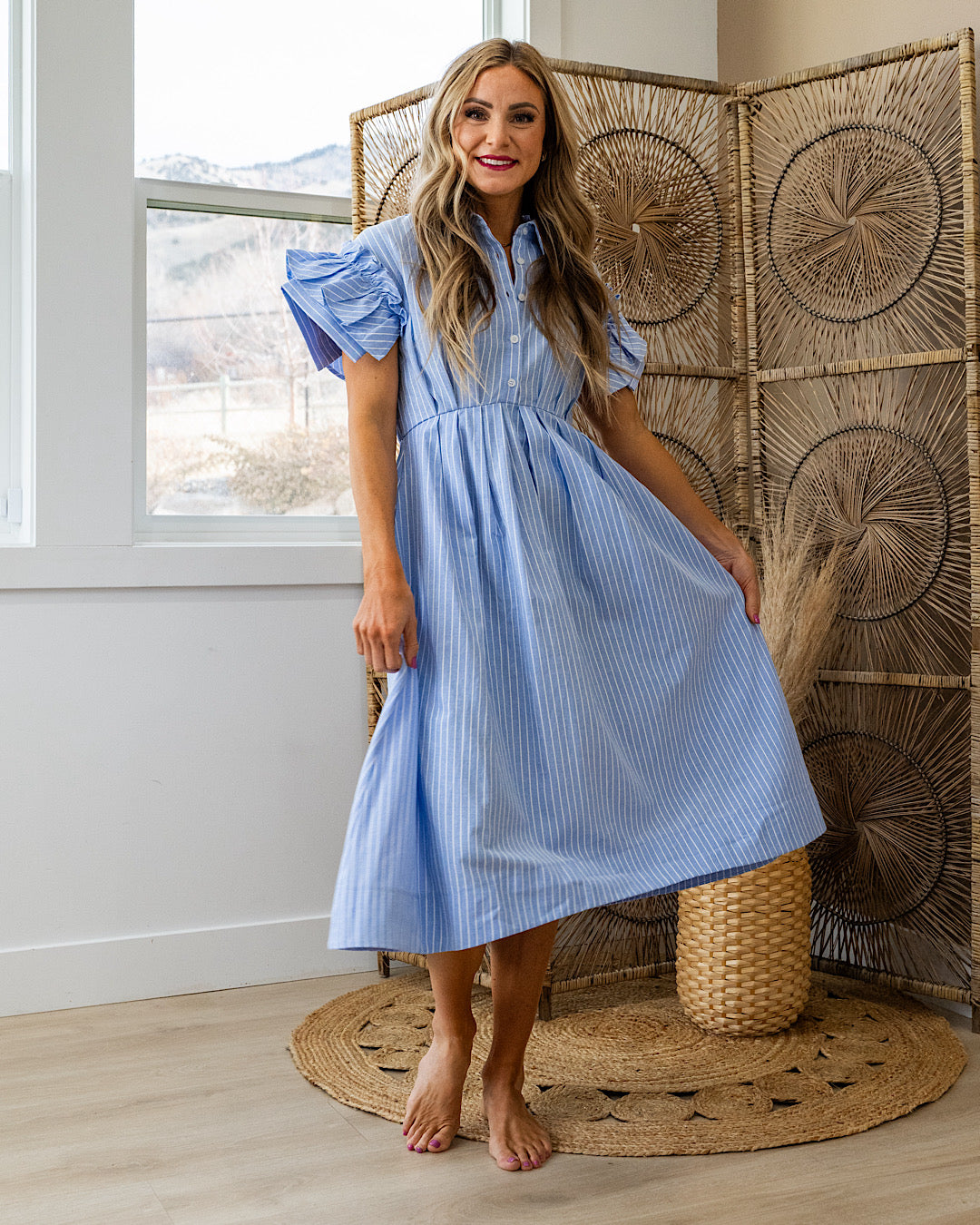 Carmine Striped Ruffle Sleeve Midi Dress - Blue SALE Heyson