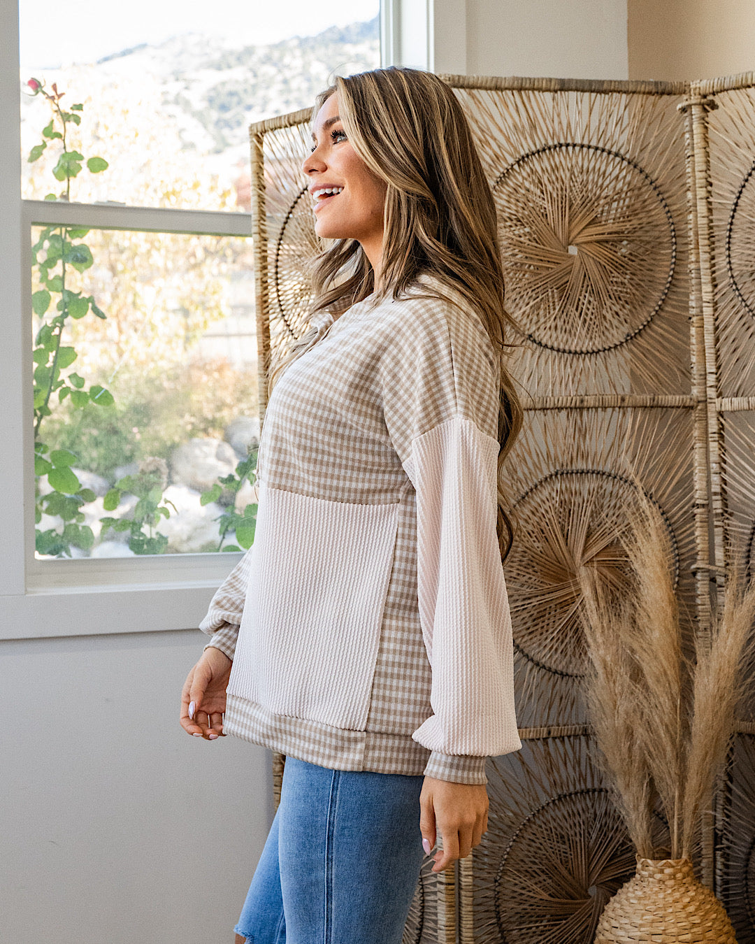 Cassie Mixed Fabric Henley Top - Taupe FINAL SALE Lovely Melody