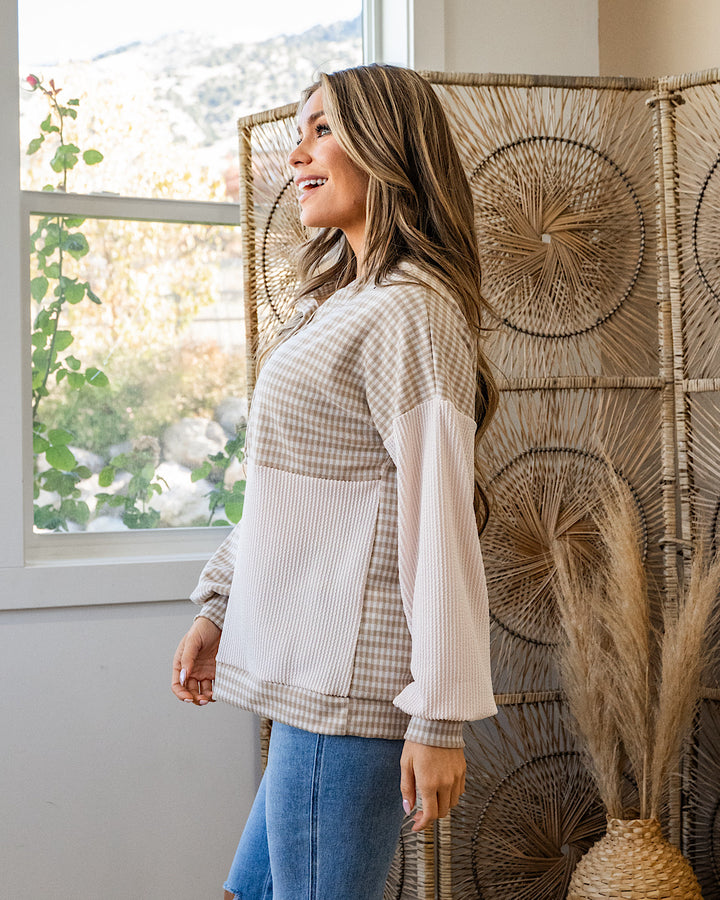 Cassie Mixed Fabric Henley Top - Taupe FINAL SALE Lovely Melody