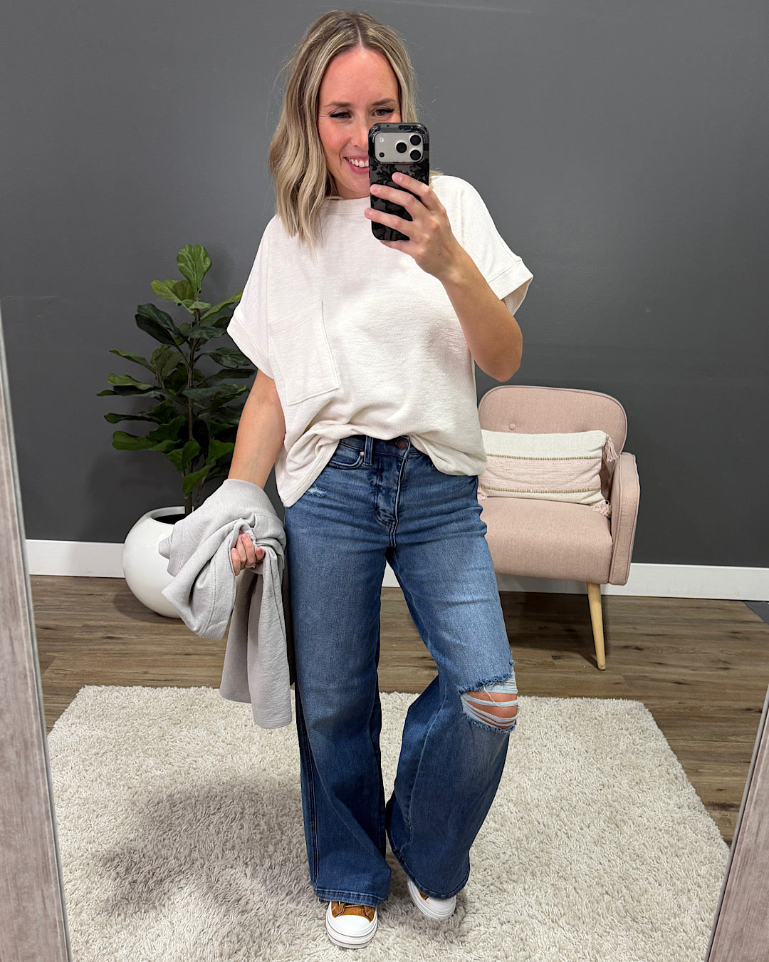 NEW! Charlotte Short Sleeve Pocket Top - Gray Tres Bien
