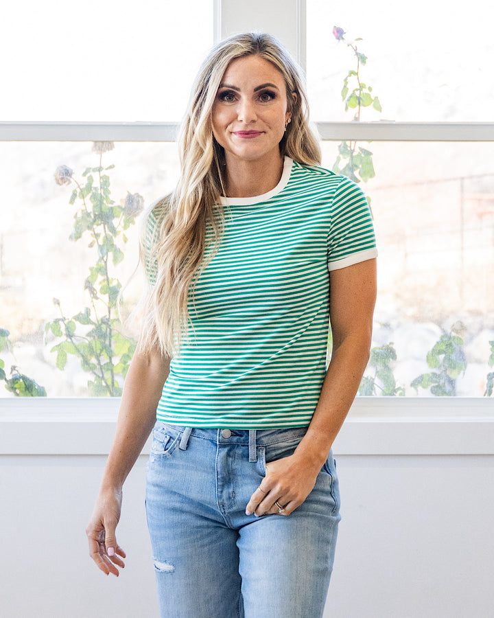 Sammy Striped Short Sleeve Top - Kelly Green Zenana