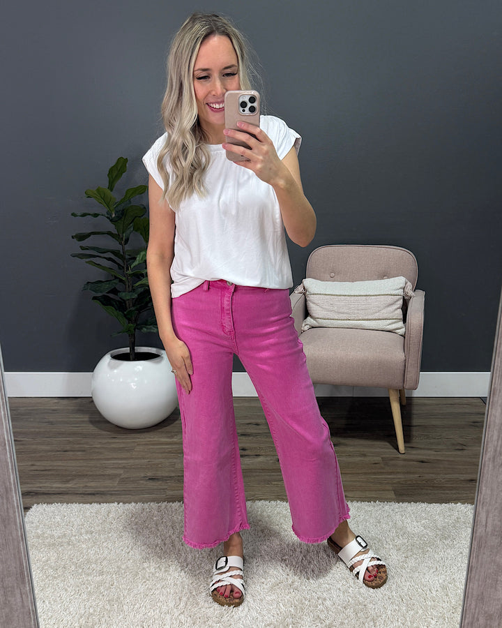 Mae Wide Leg Cropped Jeans - Hot Pink Zenana