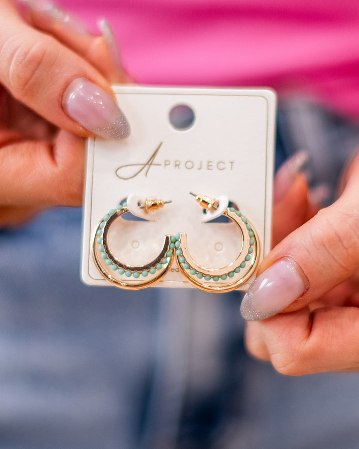 Gold Double Hoop Earrings with Mint Beads Trendy Wholesale