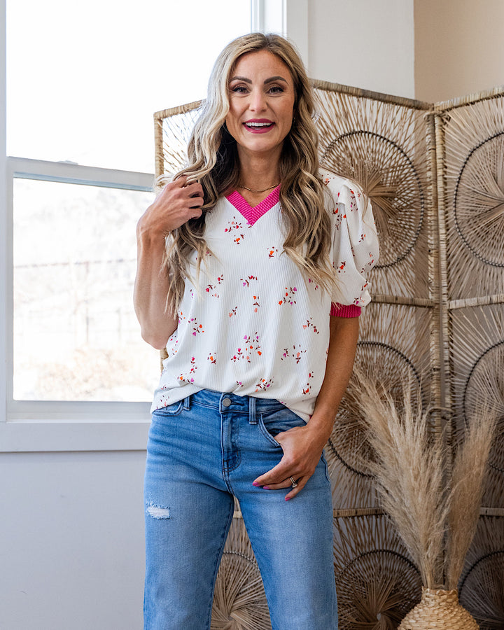Marissa Ribbed Floral V Neck Top - Color Options Available! Lovely Melody Ivory