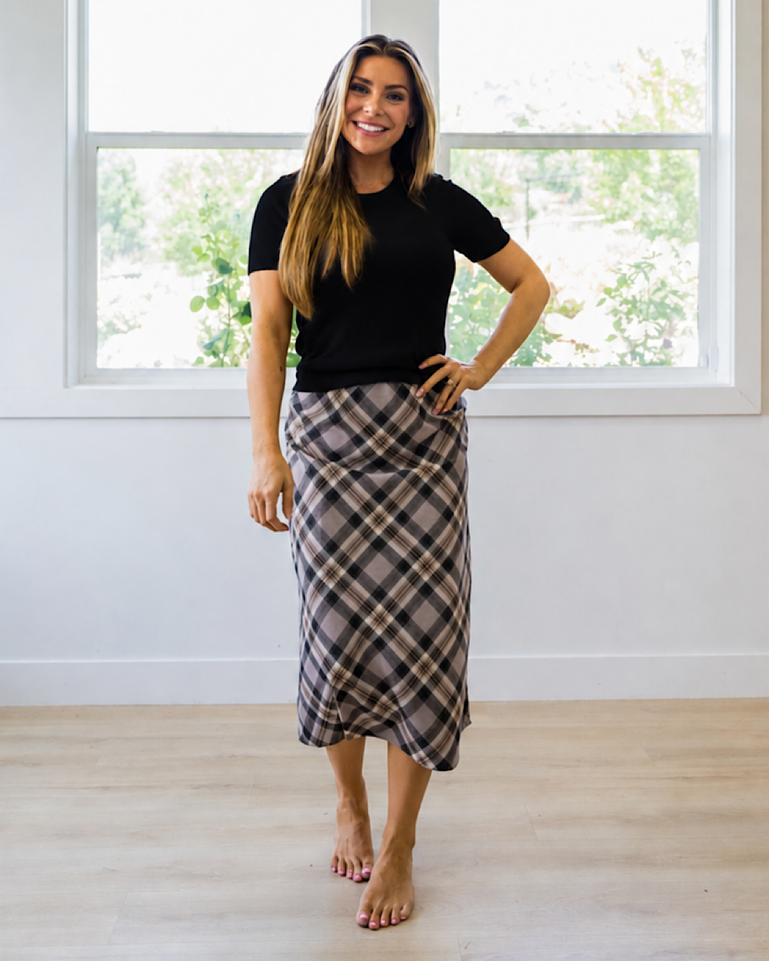 Jade Plaid A-Line Skirt - Greige Be Cool