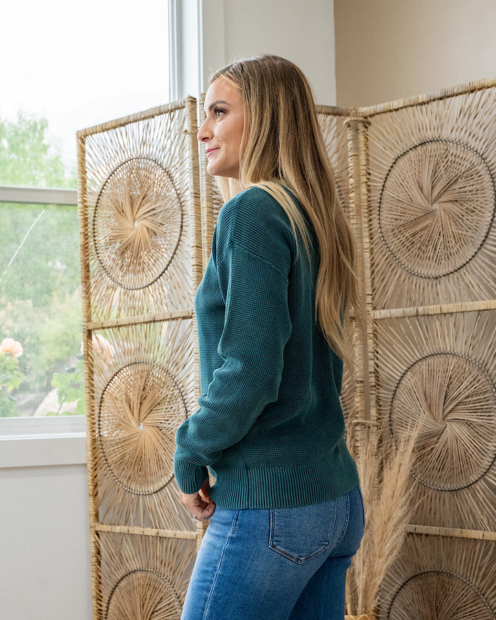 Called It All Off Washed Waffle Knit Sweater - Teal Staccato