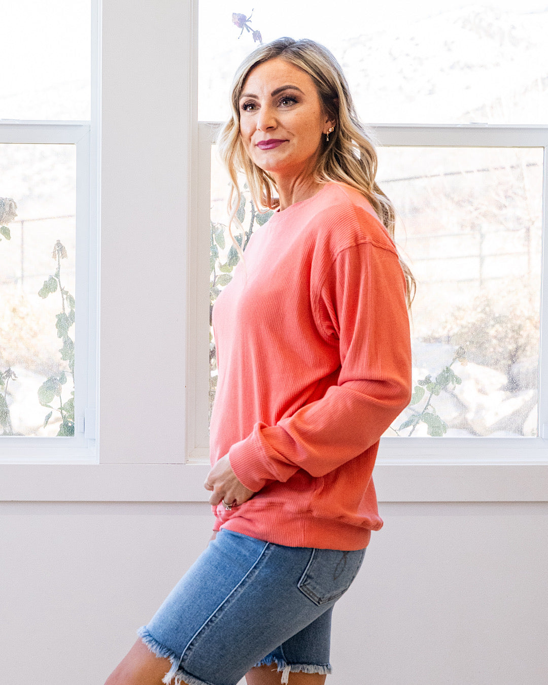 Mia Ribbed Crewneck Top - Coral Michelle Mae