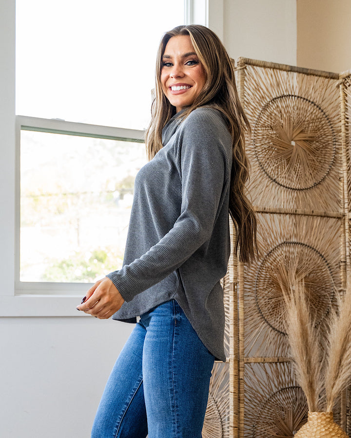 DOORBUSTER! Ribbed Turtleneck Top - Charcoal Sew In Love