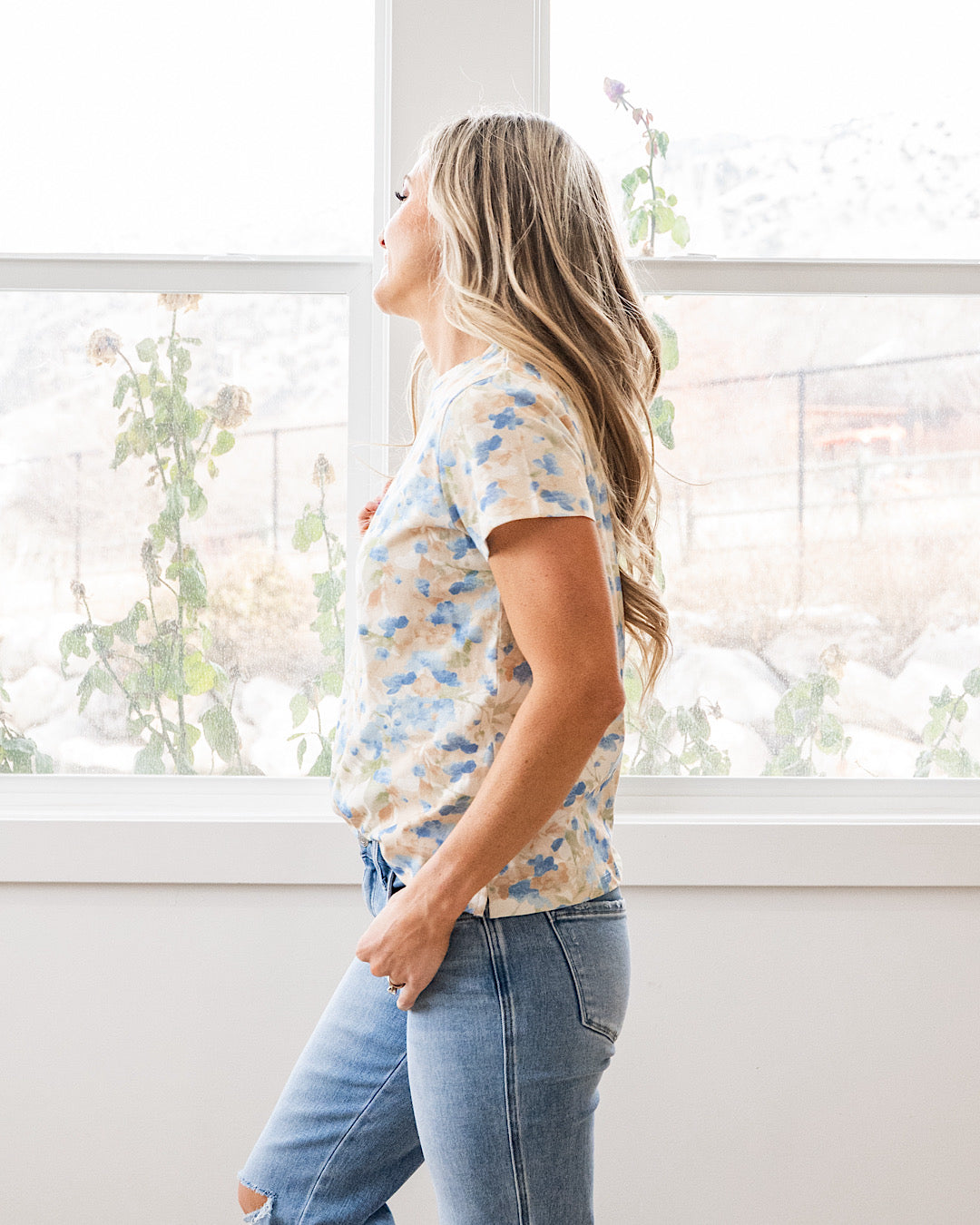NEW! Danielle Floral Knit Top - Taupe & Blue Staccato
