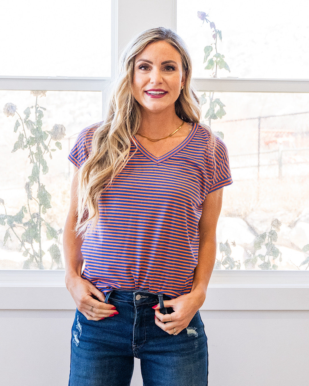 Nadia Striped V Neck Top - Orange & Royal Staccato