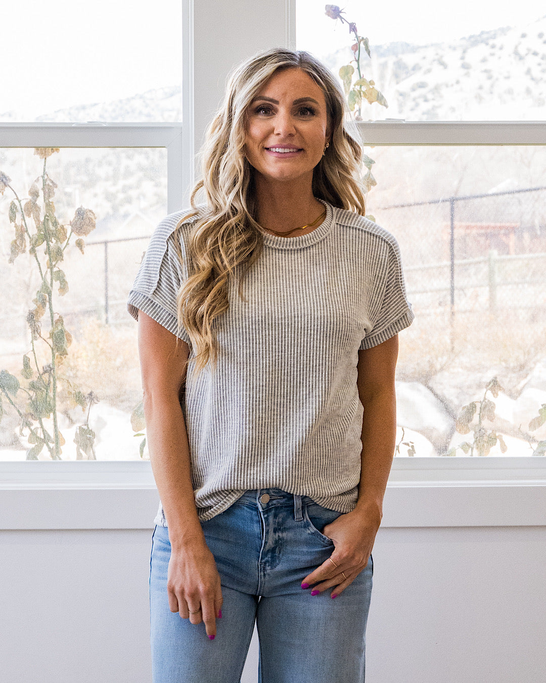 Gabby Contrast Corded Top - Gray Lovely Melody