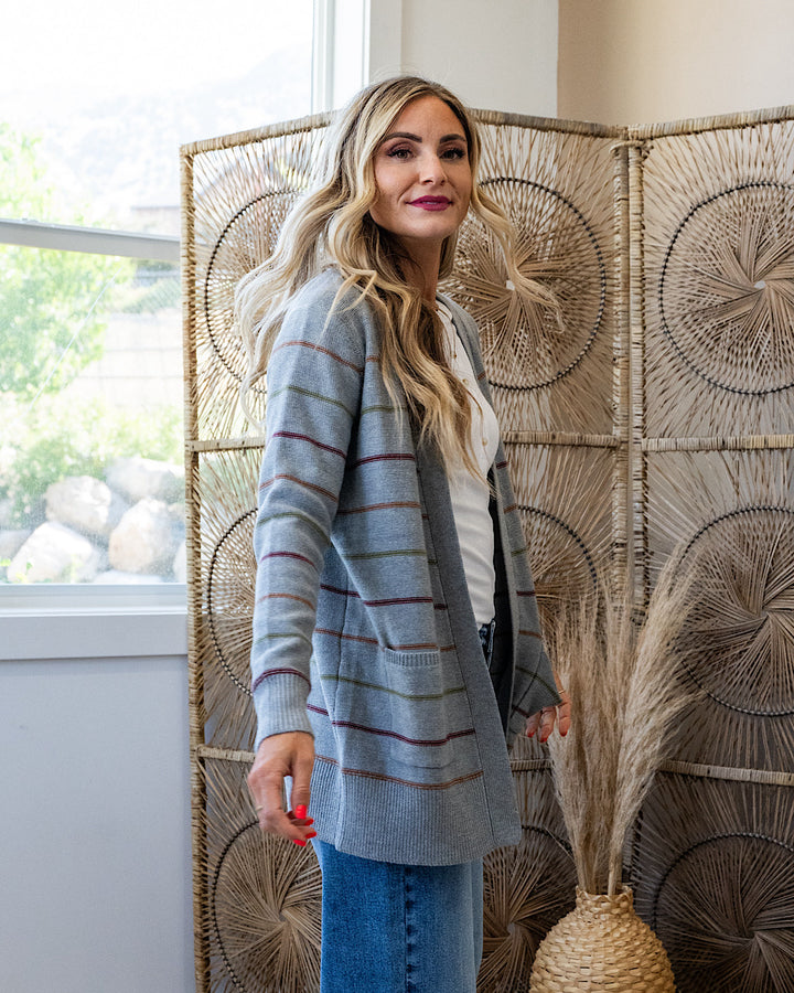 Debbie Striped Open Front Cardigan - Heather Gray Be Cool
