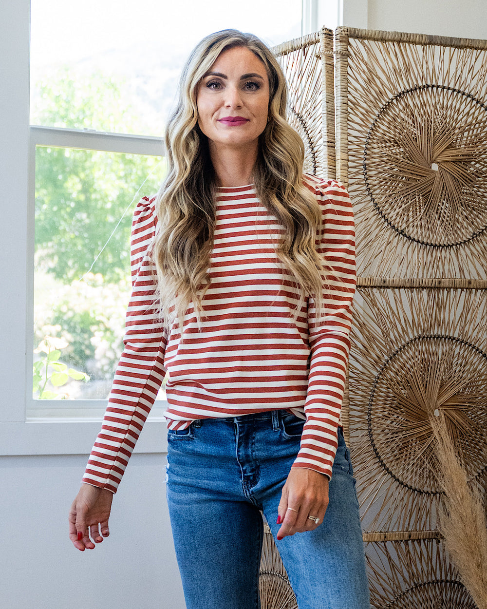 Alexa Striped Pleated Shoulder Top - Rust Staccato