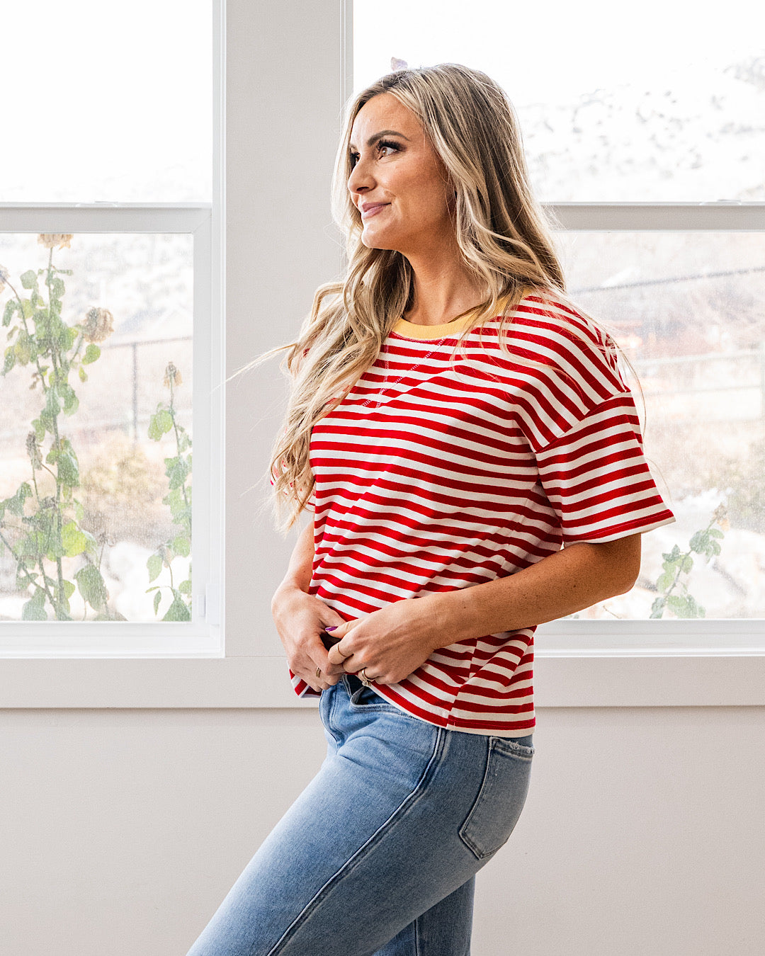 NEW! Ellie Contrast Striped Top - Red & Yellow Staccato