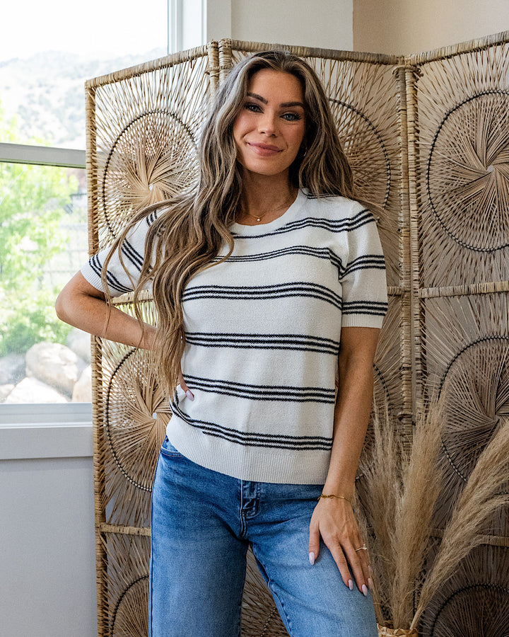 Chelsea Triple Stripe Short Sleeve Sweater - Black SALE Be Cool