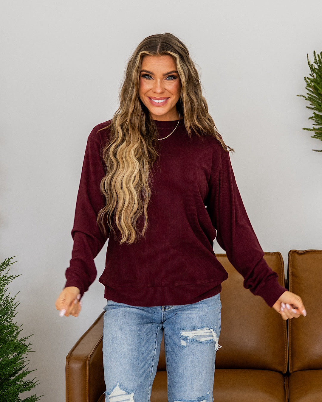 NEW! Mia Ribbed Crewneck Top - Burgundy Michelle Mae