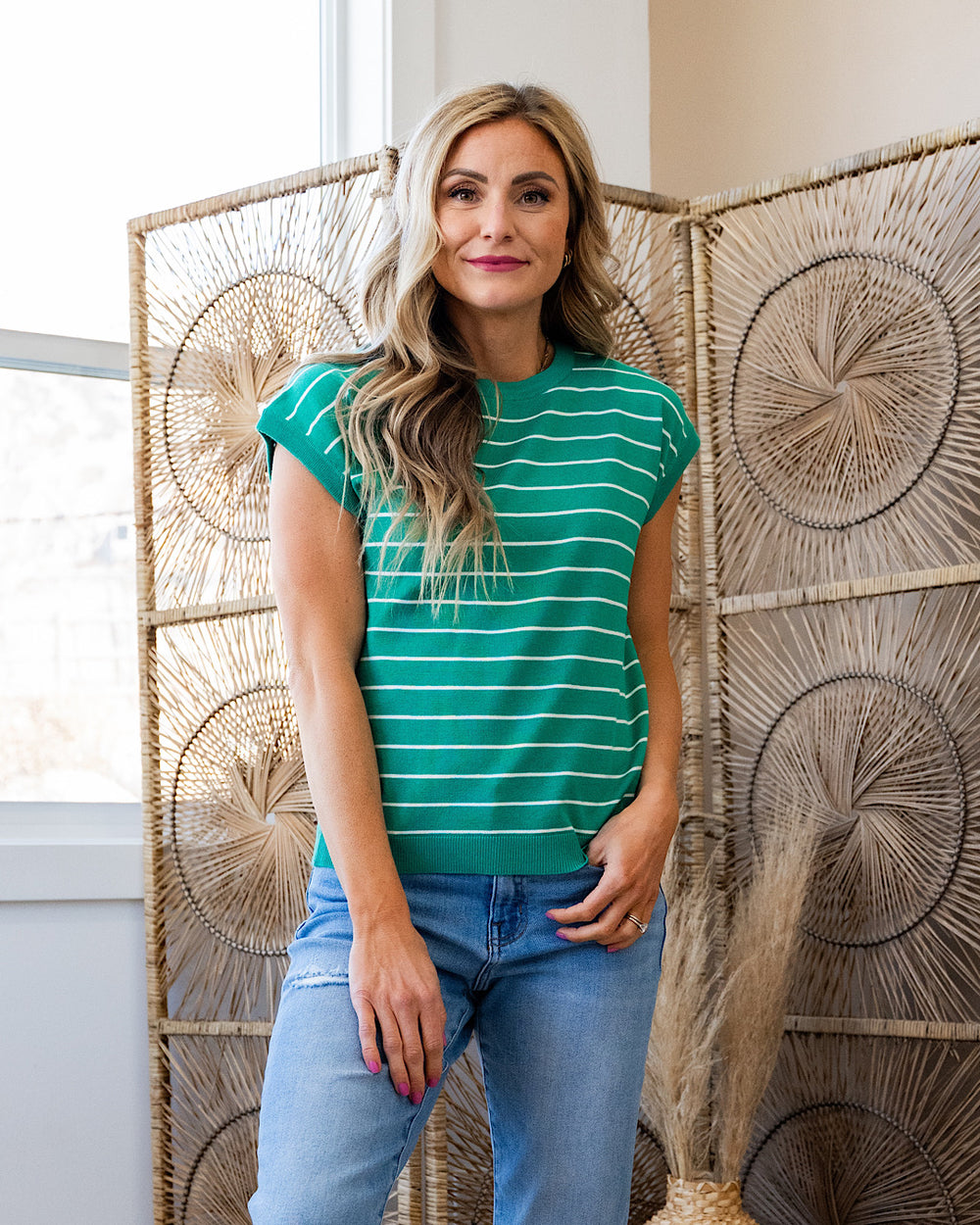 Allie Striped Short Sleeve Sweater - Color Options Available Staccato Emerald
