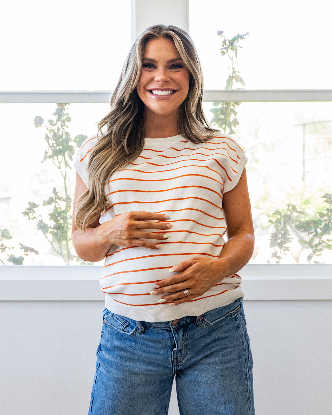 Allie Striped Short Sleeve Sweater - Orange Staccato