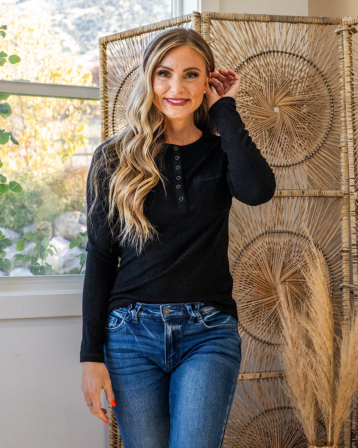 Georgia Henley Long Sleeve Top - Black Michelle Mae