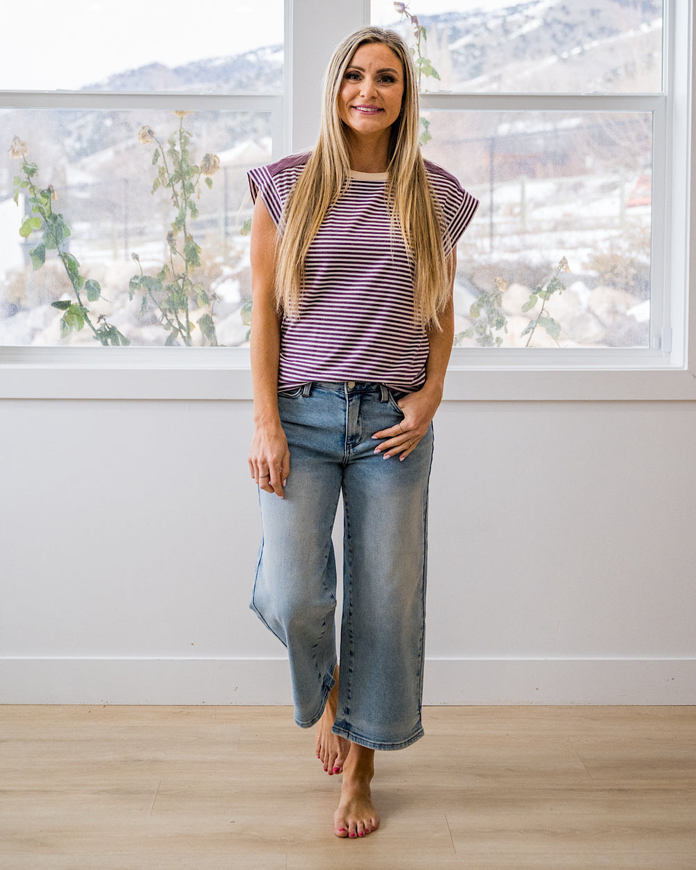 Noelle Striped Ribbed Top - Ivory & Plum Staccato