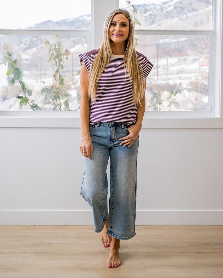 Noelle Striped Ribbed Top - Ivory & Plum Staccato