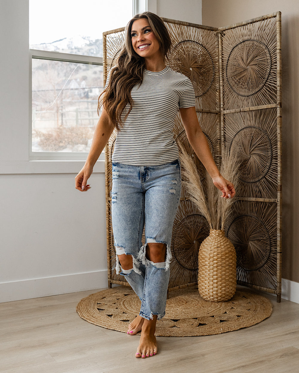 Shauna Striped Short Sleeve Top - Cream & Black Thread & Supply