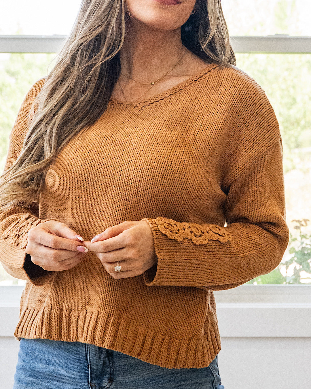 NEW! Ella Crochet Sleeve Sweater - Camel Michelle Mae