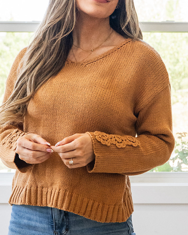 NEW! Ella Crochet Sleeve Sweater - Camel Michelle Mae