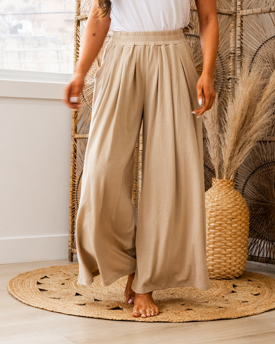 Right Here Wide Leg Pleated Knit Pants - Beige Heyson