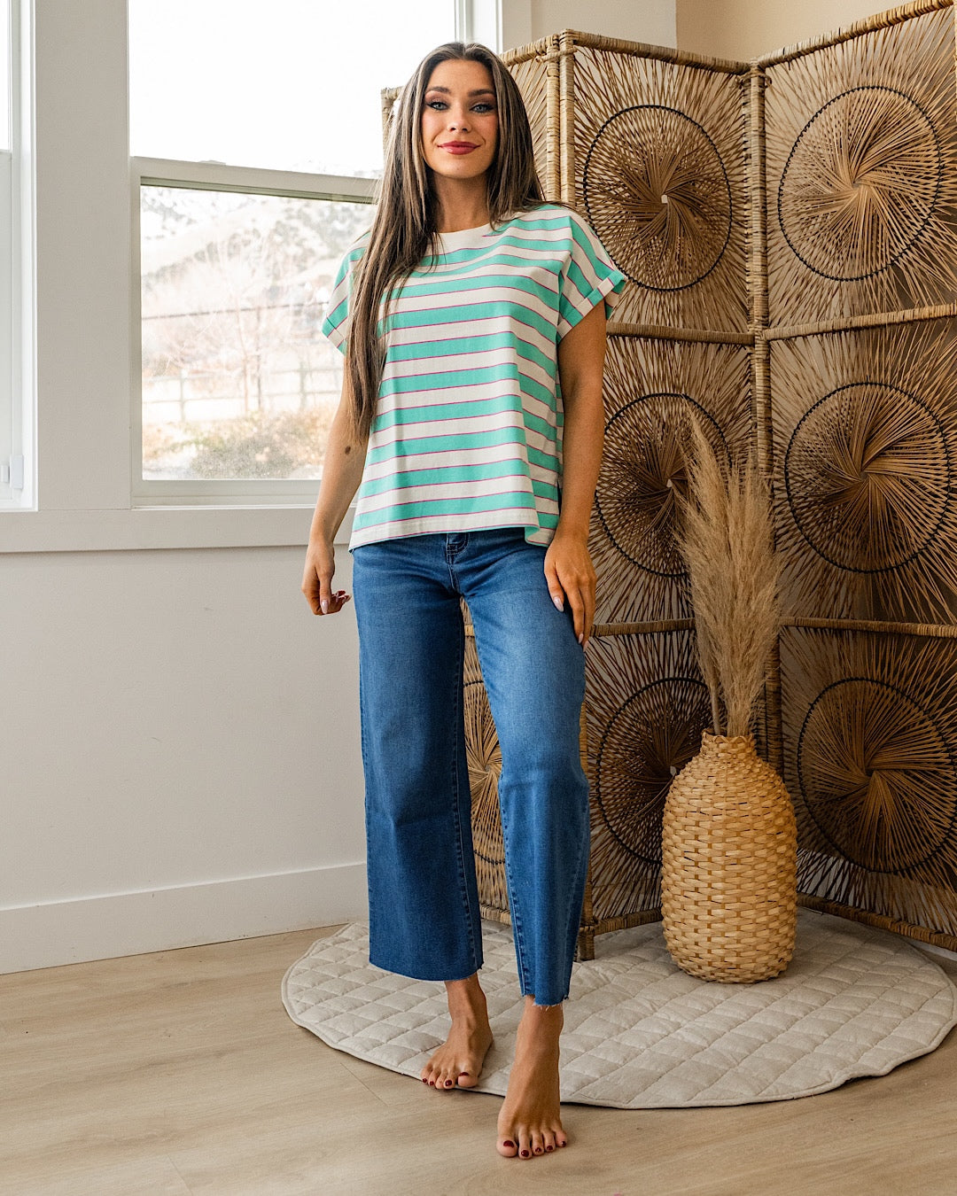 Daphne Striped Roll Sleeve Top - Mint & Pink FINAL SALE Wishlist