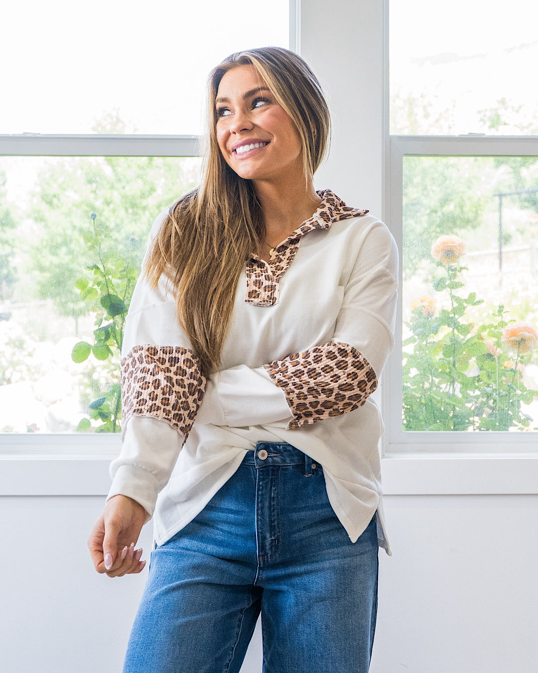 Jana Leopard Color Block Collared Top - Ivory Lovely Melody